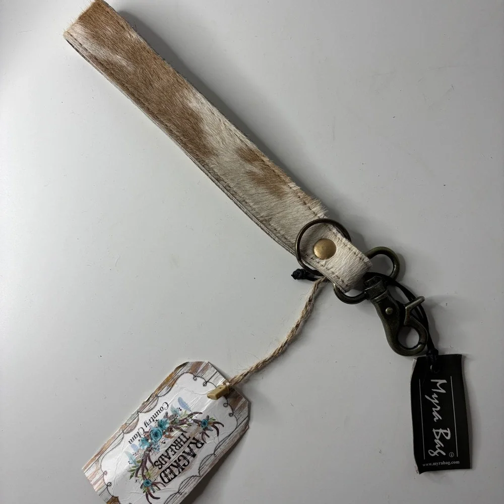 Myra Bag Quiet Sundown Key Fob Women White Tan Hairon Hide Western S-7559 New
